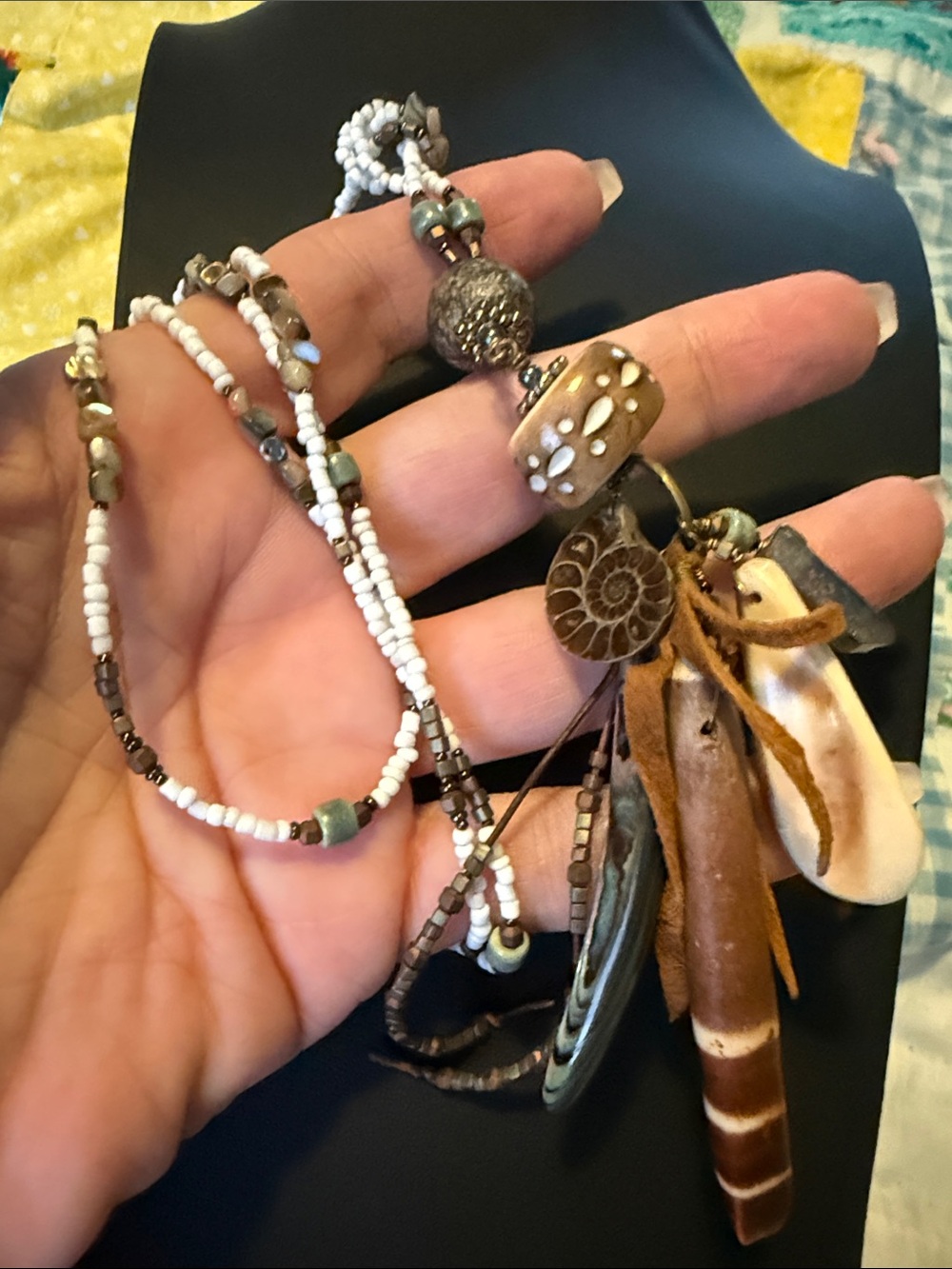 Handmade Bohemian Seed Bead
Necklace With Stones And Fossil. One Of A Kind Piece - Picture 4 of 5
